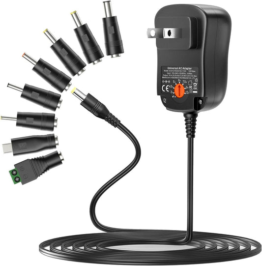 Outtag 12W Universal AC Adapter 3V 4.5V 5V 6V 7.5V 9V 12V Multi Voltage Switching Power Supply Cord for Household Electronics Router Bluetooth Speaker, 8 Tips