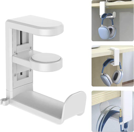 Headphone Headset Headphones Stand Holder Hook Hanger Office Gaming Under Desk Accessories Organizers Adjustable, White