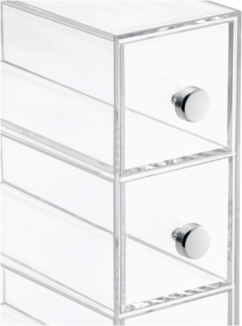 iDesign Makeup Organizer with 4 Drawers, Mini Drawer Makeup Organizer for Make Up, Cosmetics, Jewelry, Makeup Organizer with Plastic Swivel Drawers, Clear