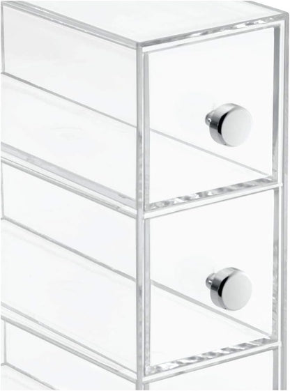 iDesign Makeup Organizer with 4 Drawers, Mini Drawer Makeup Organizer for Make Up, Cosmetics, Jewelry, Makeup Organizer with Plastic Swivel Drawers, Clear