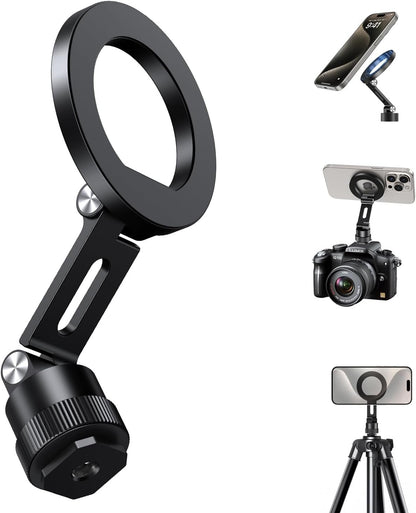 elitehood Aluminum Magnetic Phone Tripod Mount Adapter for MagSafe iPhone 15/14/13 Series with 1/4” Screw & Cold Shoe, Dual 180° Tilt Phone Mount for Portable Electronic Devices