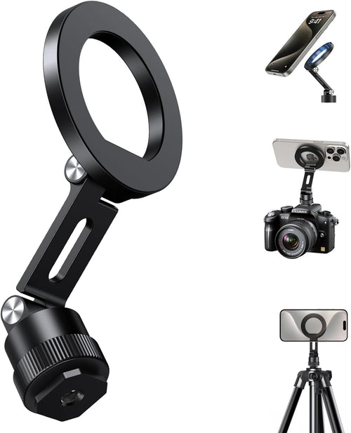 elitehood Aluminum Magnetic Phone Tripod Mount Adapter for MagSafe iPhone 15/14/13 Series with 1/4” Screw & Cold Shoe, Dual 180° Tilt Phone Mount for Portable Electronic Devices