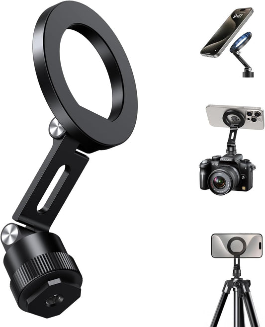 elitehood Aluminum Magnetic Phone Tripod Mount Adapter for MagSafe iPhone 15/14/13 Series with 1/4” Screw & Cold Shoe, Dual 180° Tilt Phone Mount for Portable Electronic Devices
