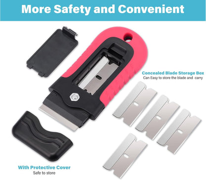Gomake Locking Razor Blade Scraper with Safety Cap, Glass Cooktop Scraper with 10PCS Stainless Steel Blades for Glass Clean, Paint and Old Label,Decal Sticker Remover, Stove Top Scraper Tool