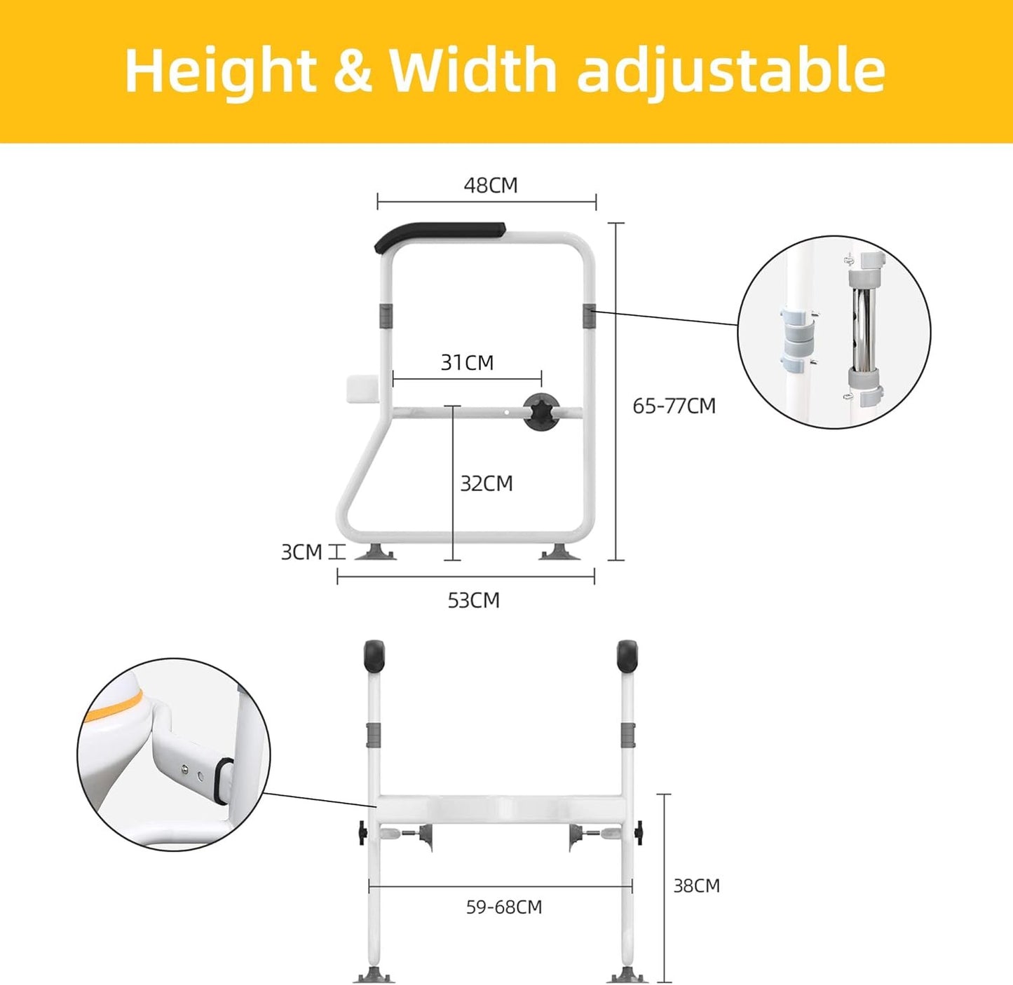 Toilet Safety Frame & Rails, Stability Bathroom Handrails Assist Grab Bar Handles & Railings for Elderly, Senior, Handicap & Disabled, Height & Width Adjustable, 300lbs Weight Capacity
