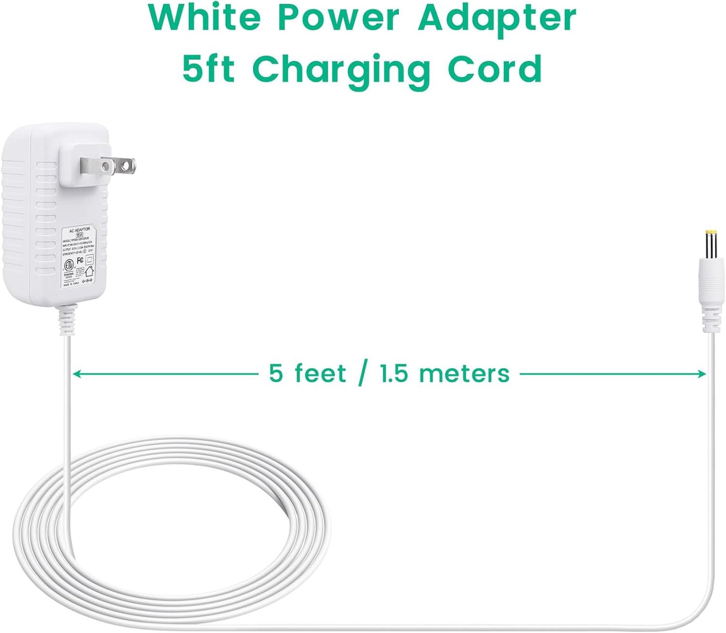 15W Power Cord Adapter Replacement for Echo Pop, Dot 5th Gen, 4th, 3rd Generation, Kids Edition, TV Cube Smart Speakers - White Wall Charger Plug Long Cable, 5ft
