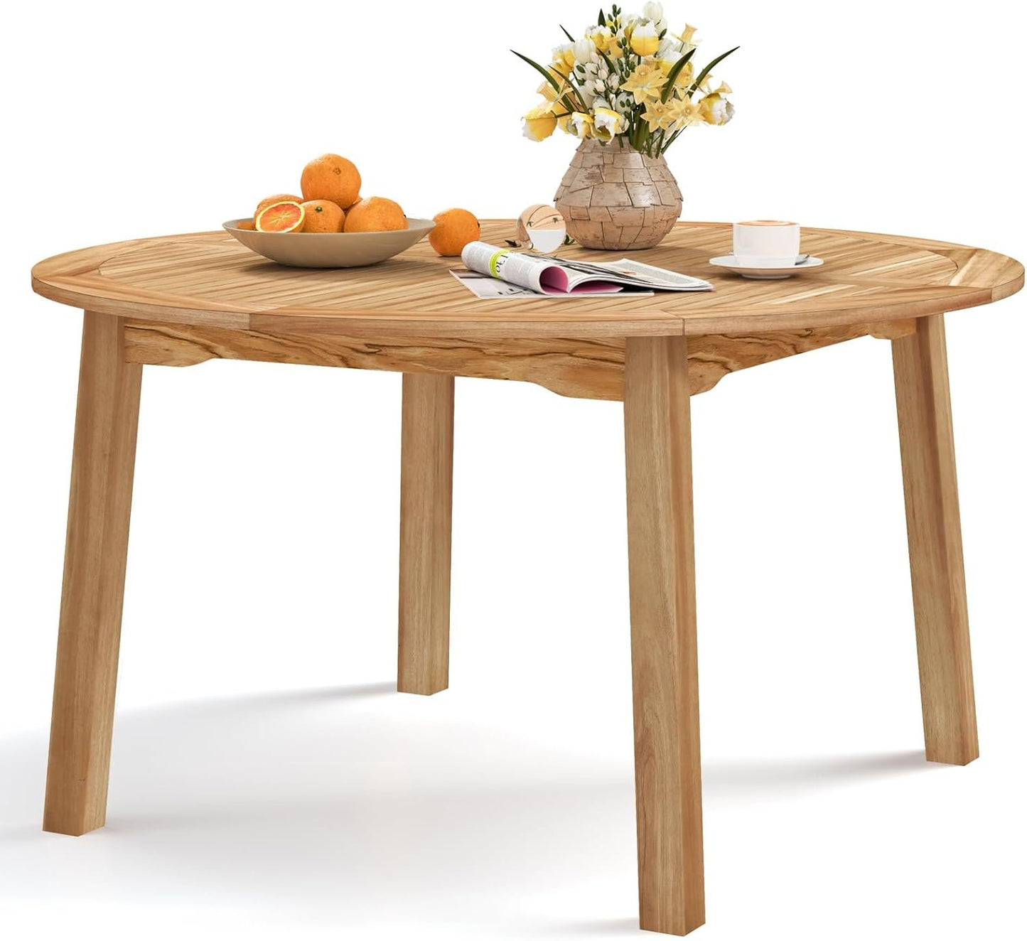 HAPPYGRILL Round Patio Dining Table, Acacia Wood Outdoor Dining Table with 2" Umbrella Hole and Slatted Tabletop for 4-6 Person, 53-Inch Dining Furniture for Yard, Deck Lawn, Garden, Natural