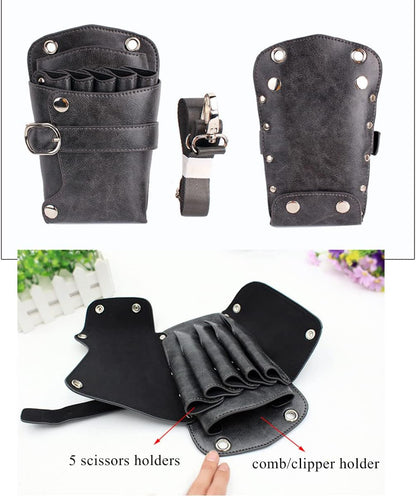 Scissors Pouch PU Leather Salon Barber Hairdressing Scissors Holster Hair Stylist Tools Bag Comb Shear Holster Waist Shoulder Belt (Grey)