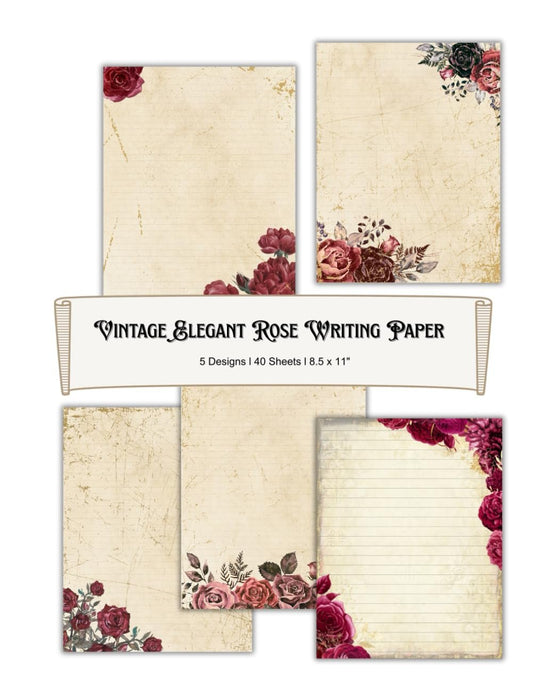 8.5 x 11" Vintage Elegant Rose Writing Paper: Stationery Letterhead Stylish Paper, Personalised Invitations, Greeting Message for Wedding Event: 5 Designs, 40 Sheets