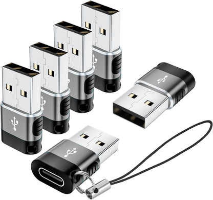 BaseNew USB to Type C Adapter 6 Pack,USBA Male USBC Female Adaptor,USB A Charger to C Cable Converter,USB OTG Adapter for iPhone,iPad,iWatch,Samsung Galaxy(Grey)