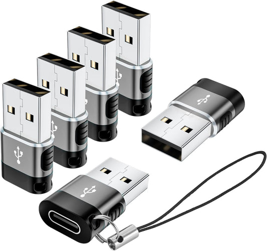 BaseNew USB to Type C Adapter 6 Pack,USBA Male USBC Female Adaptor,USB A Charger to C Cable Converter,USB OTG Adapter for iPhone,iPad,iWatch,Samsung Galaxy(Grey)