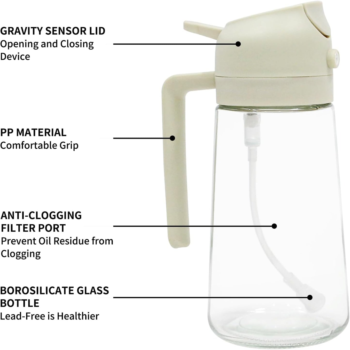 2 Pack Oil Spray Bottle, 2 in 1 Oil Dispenser for Kitchen, 470mL/16.5oz Oil Sprayer for Cooking, Food Grade Glass Olive Oil Bottle with Pourer, Perfect BBQ Kitchen Tools & Gadgets, White