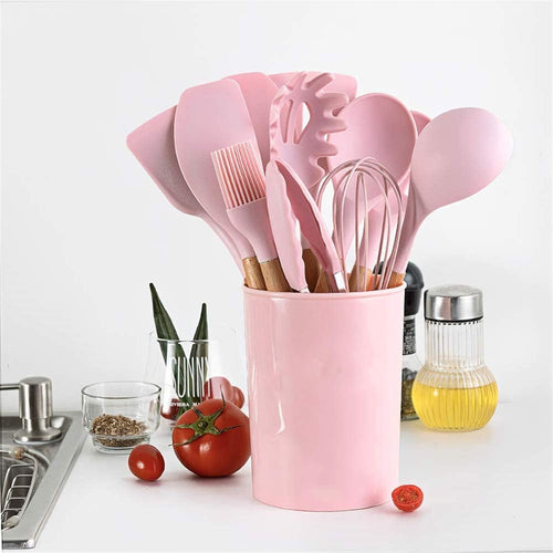 Hubei Silicone Kitchen Utensils Set Kitchen Utensils Wooden Handles Heat Resistant Kitchen Gadgets Grey Kitchen Utensils Non-Stick (Pink-12pcs)