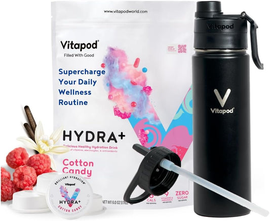 VERSAINSECT Cotton Candy Flavored Water Enhancer Pods Starter Bundle, Sugar Free, Vitamin C, Vitamin A, Vitamin D, Zinc, 30 Pods, 22 oz Stainless Steel Water Bottle, Black