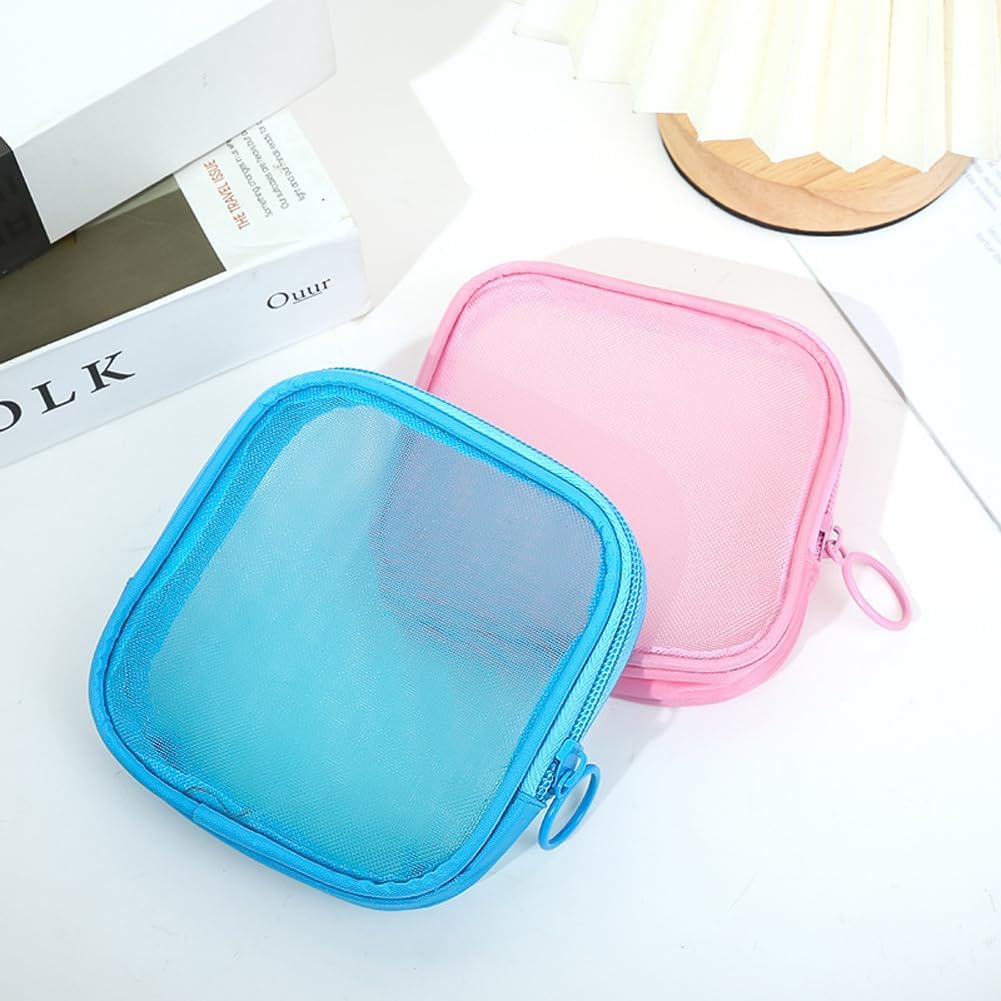 6pcs Mesh Makeup Bag Mesh Cosmetic Bag Travel Toiletry Bag Pouch with Zipper Mini Portable Makeup Cosmetic Travel Toiletry Purse Bag for Daily Accessories(Lake Blue+Pink)