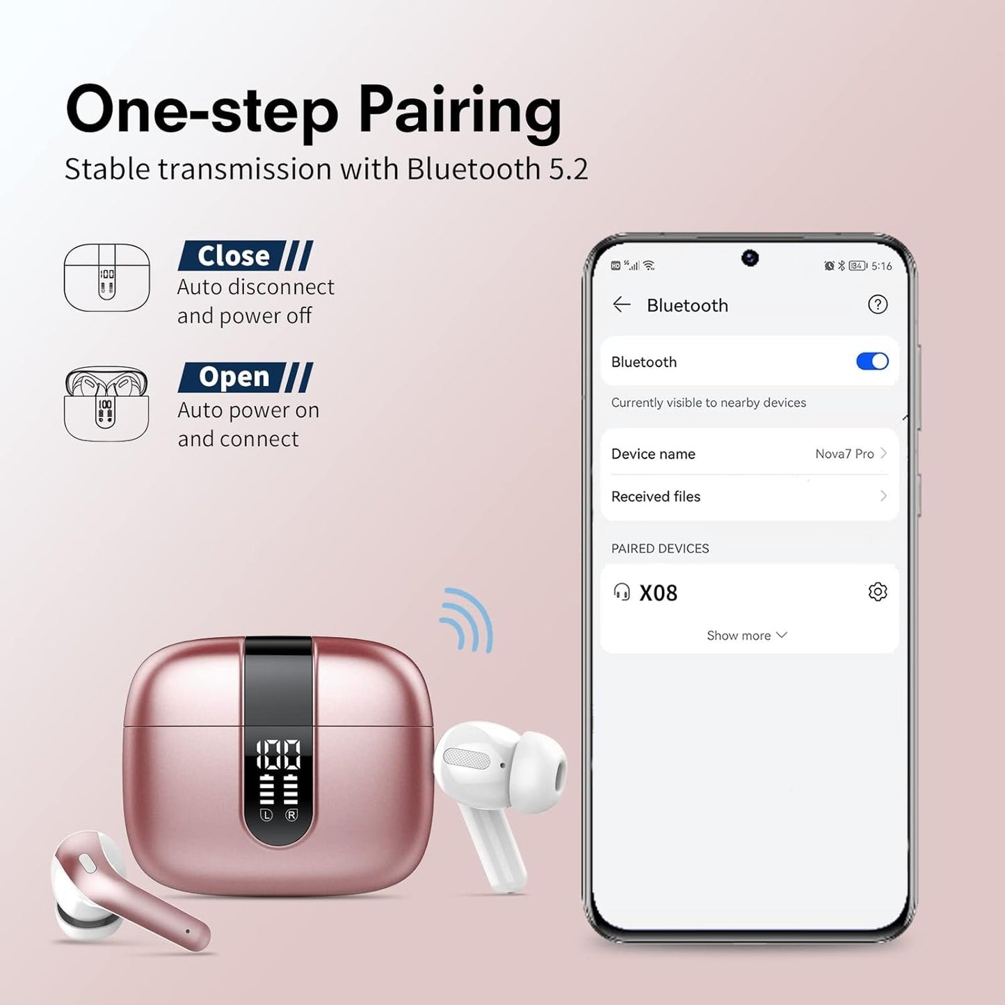 Wireless Earbuds, Bluetooth 5.3 Headphones with 4 ENC Call Noise Cancelling Mics, Bass Boost 85%, IPX7 Waterproof, 50Hrs Playtime, Mini Earbuds for Work, Sleep, Travel, USB-C, Rose