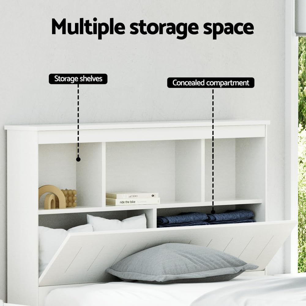 Artiss Single Bed Frame Platform Wooden Timber Frames with Bookshelf Beds Base Bedroom Room Decor Home Furniture White for Kids, Toddler and Adult, Modern Design
