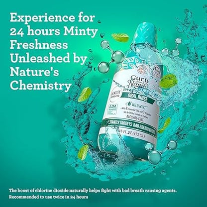 GuruNanda Fresh Breath Mouthwash, ADA-Accepted, Alcohol & Fluoride-Free, Sodium Chlorite, Essential Oils & Vitamins, 12-Hrs Fresh Breath, Wild Mint, 16 oz - 2 Pack