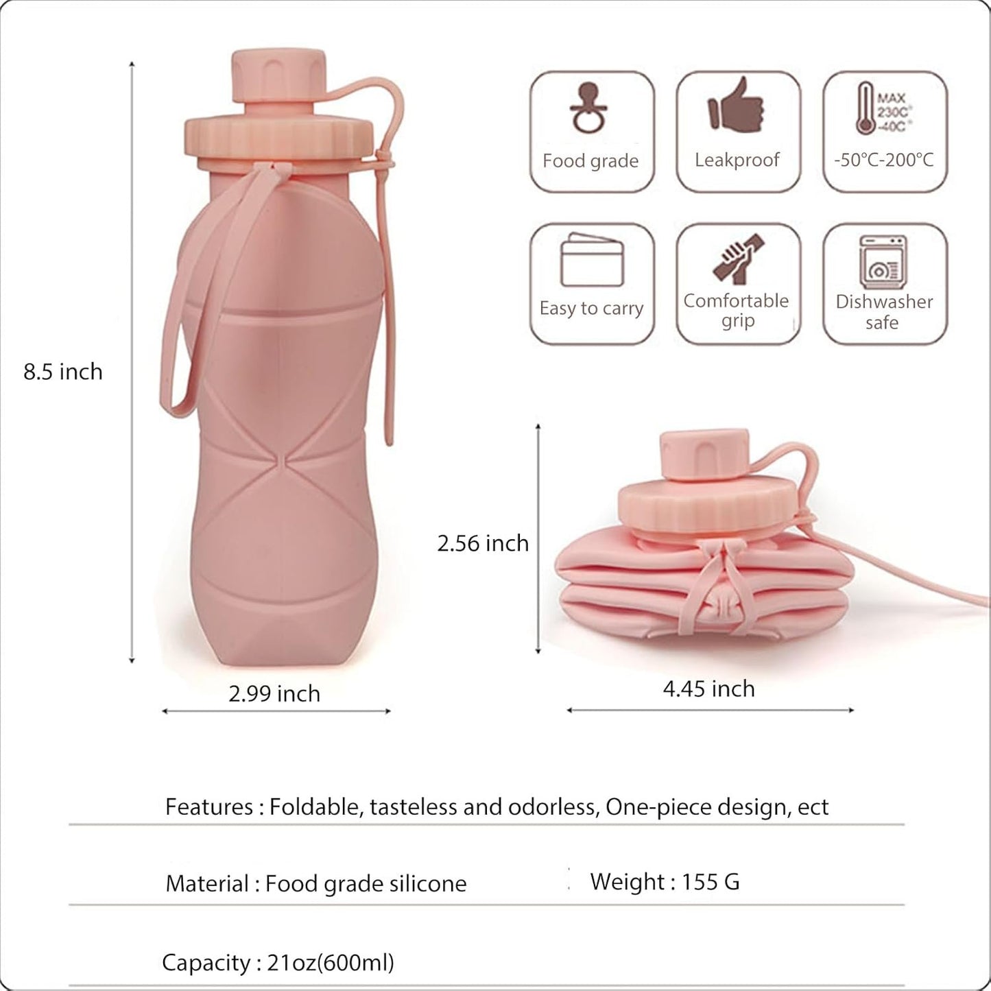 (2 Pack) RUNGOS Collapsible Water Bottle for Travel [Double Leak-proof Design] [Cap with Safety Rope] BPA Free Silicone Foldable Water Bottle for Outdoor Hiking Sports Lightweight, Couple (Green+Pink)