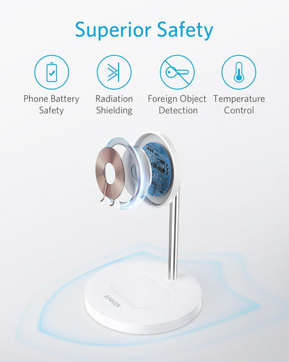 Anker iPhone 16 Wireless Charging Stand, PowerWave 2-in-1 Magnetic Stand Lite with USB-C Cable, for iPhone 16/15/14/13 Series, AirPods (No AC Adapter)