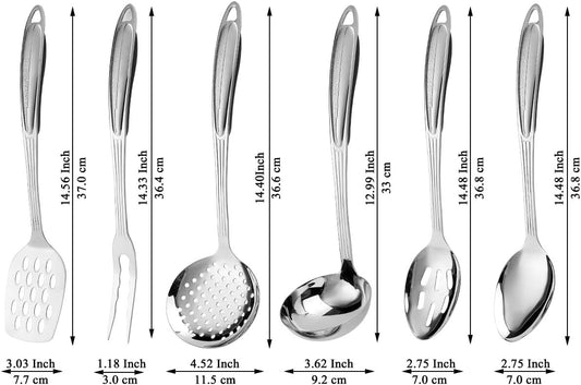 Berglander Stainless Steel Kitchen Utensil Set 6 Pieces Kitchen Gadgets Include Metal Spatula Set, Skimmer, Ladle, Serving Spoon, Skimmer, Fork