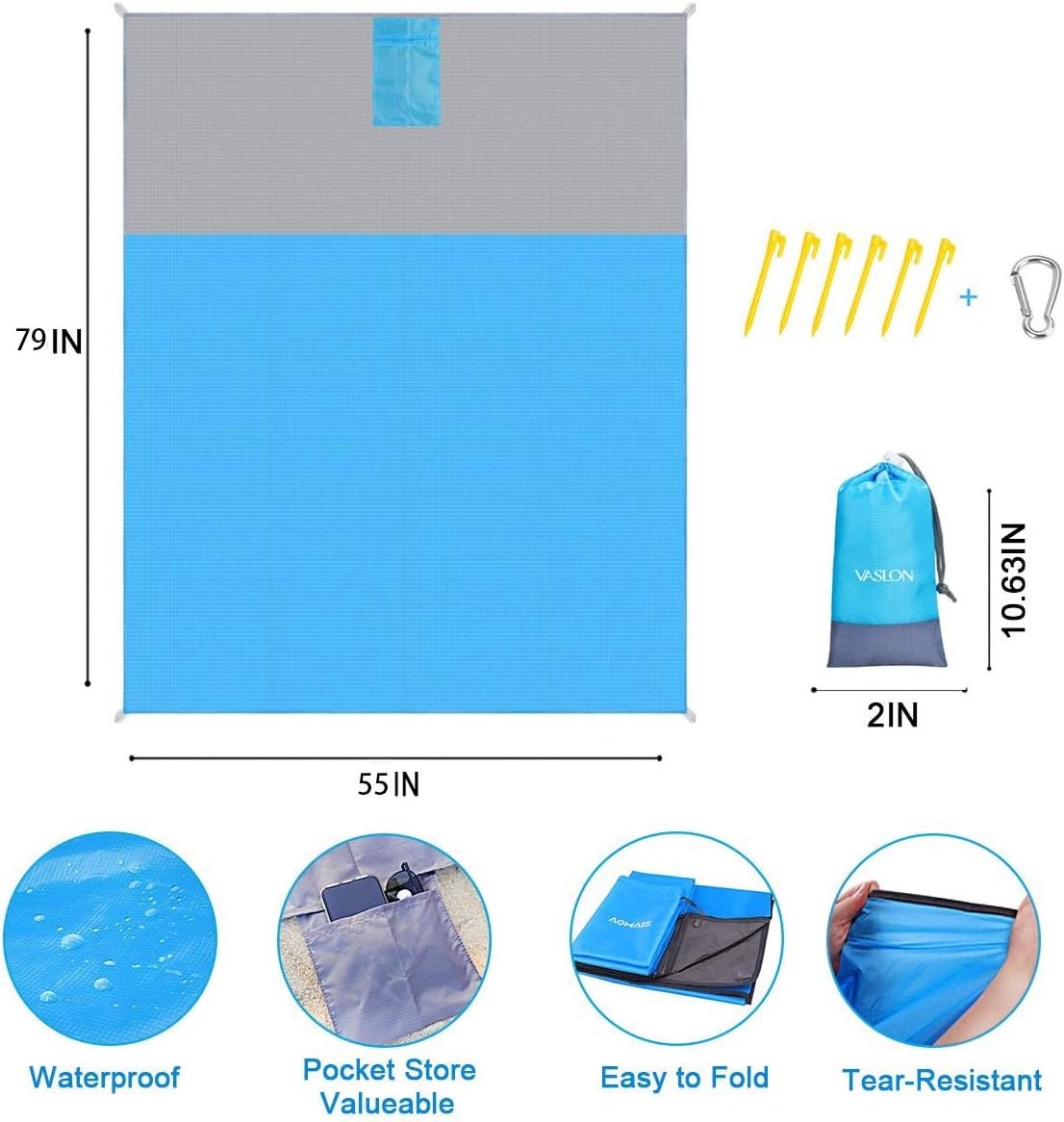 VASLON Beach Blanket 79 * 55inch, Sand Proof and Water Resistant, Pocket Picnic Blanket for Outdoor Travel Camping Festival Sports