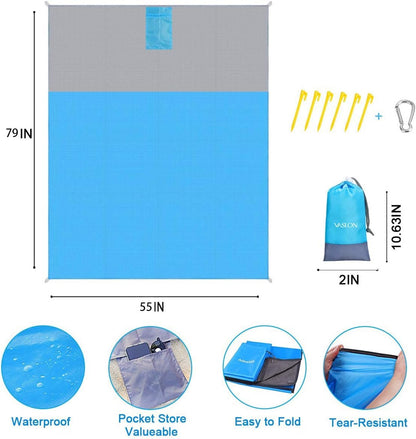VASLON Beach Blanket 79 * 55inch, Sand Proof and Water Resistant, Pocket Picnic Blanket for Outdoor Travel Camping Festival Sports