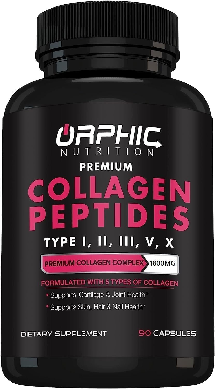 ORPHIC NUTRITION Premium Collagen Peptides Capsules 1800mg - Types I, II, III, V, X - Supports Digestive Health* - Helps Maintain Strong Joints, Tendons, Ligaments and Muscles* - 90 Caps