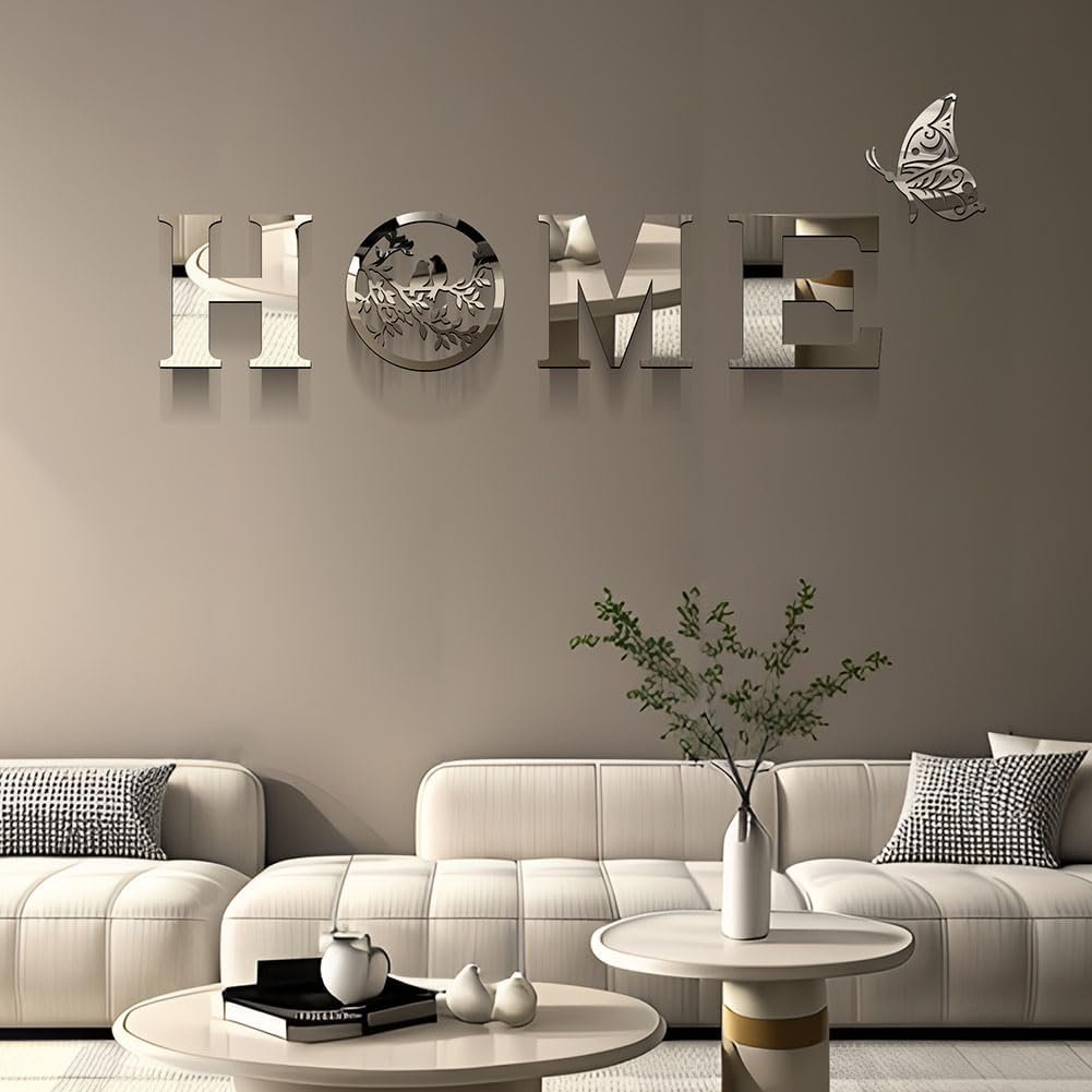 CrazyDeal Home Signs Wall Decor Letter Signs Length Mirror Wall Stickers Decorations for Living Room Bedroom Farmhouse The Home Modern Decorations Bird Wall Art Large（Silver Acrylic,49.2 X 15.7 Inch）
