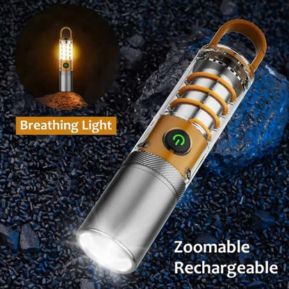 LED Tactical Torch, Rechargeable Flashlight, Laser Bright Flashlight, Adjustable Focus, Water Resistant, with 5 Lighting Modes Mini Breathing Torch for Camping, Hiking, Dog Walking, Emergency Use