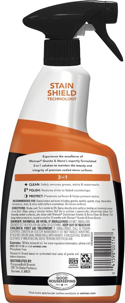 Weiman Granite Cleaner Polish and Protect 3 in 1-2 Pack - Streak-Free, pH Neutral Formula for Daily Use on Interior & Exterior Natural Stone w/Micro Fiber Towel