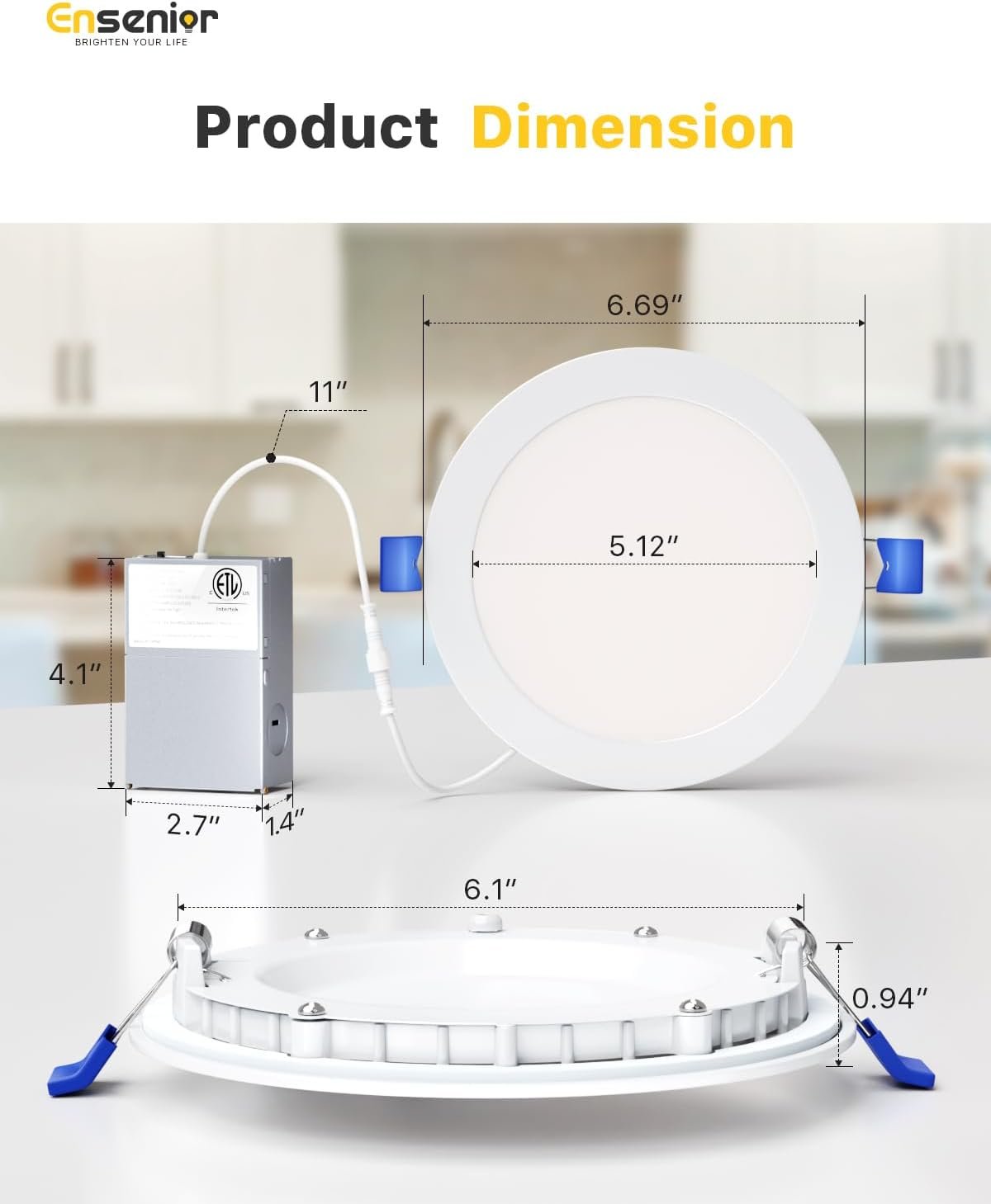 Ensenior 6Inch LED Recessed Slim Pot Light with Junction Box, 3000K/4000K/5000K Changeable, 12W 110W Eqv, Dimmable IC-Rated Ceiling Lighting, 1050LM High Brightness (4 Pack)