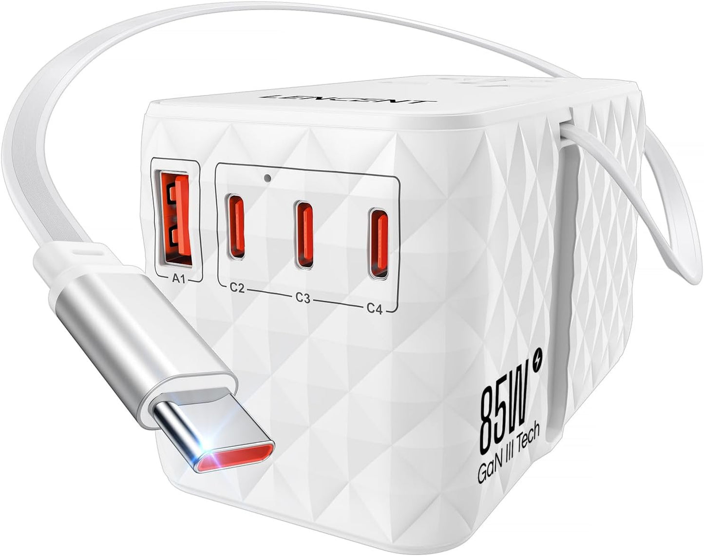LENCENT 85W Travel Adapter with Retractable Cable, 6-in-1 International Power Adapters (3 Type C+1 USB A), GaN Fast Charging Travel Plug Adaptor for AU to US Japan EU UK Bali (Type C/G/A/I)