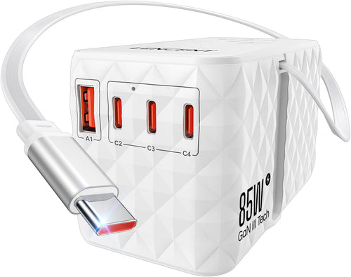 LENCENT 85W Travel Adapter with Retractable Cable, 6-in-1 International Power Adapters (3 Type C+1 USB A), GaN Fast Charging Travel Plug Adaptor for AU to US Japan EU UK Bali (Type C/G/A/I)