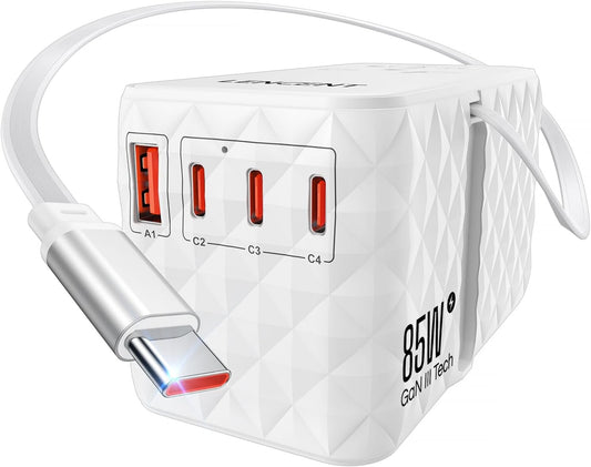 LENCENT 85W Travel Adapter with Retractable Cable, 6-in-1 International Power Adapters (3 Type C+1 USB A), GaN Fast Charging Travel Plug Adaptor for AU to US Japan EU UK Bali (Type C/G/A/I)