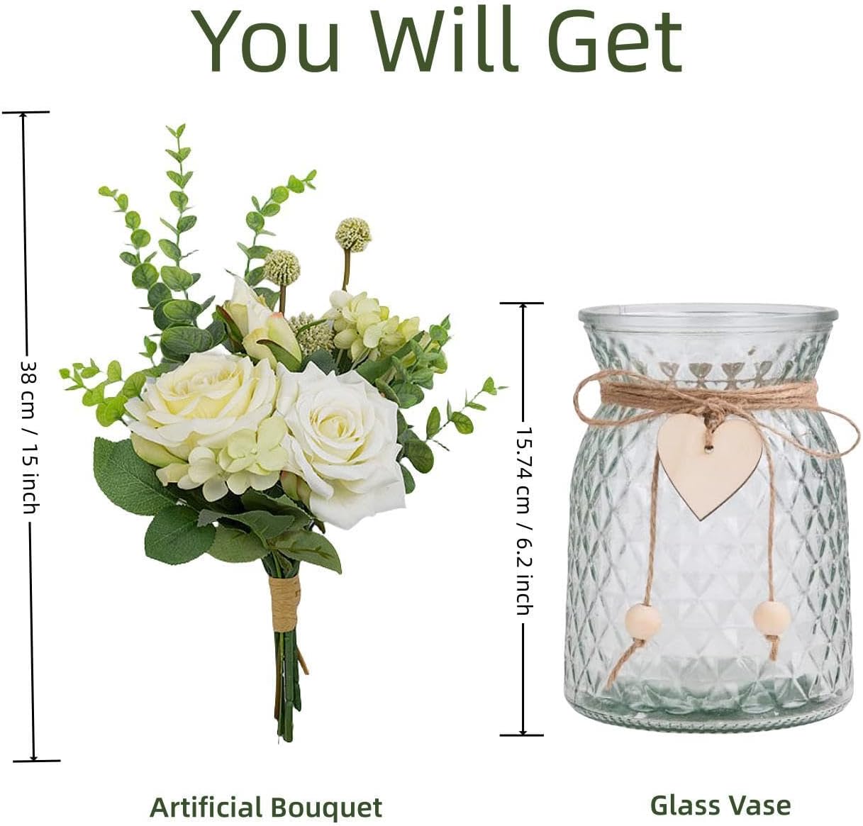 Avoik Artificial Flowers with Glass Vase Fake Flower Bouquet Faux Rose in Vases for Home Dcor Flowers Modern Home Decor Table Decorative Flower Vase for Dinner Office Bedroom, White