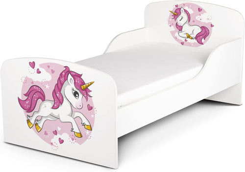 leomark Wooden Children's Bed - Lovely Unicorn - Cot Bed with Mattress, Children's Furniture, Slatted Base, Sleeping Space 140 x 70 cm, UV Footprint