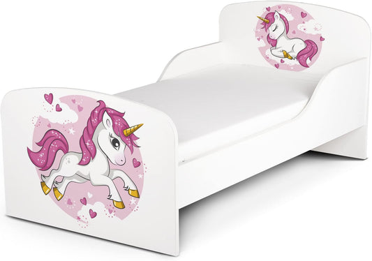 leomark Wooden Children's Bed - Lovely Unicorn - Cot Bed with Mattress, Children's Furniture, Slatted Base, Sleeping Space 140 x 70 cm, UV Footprint