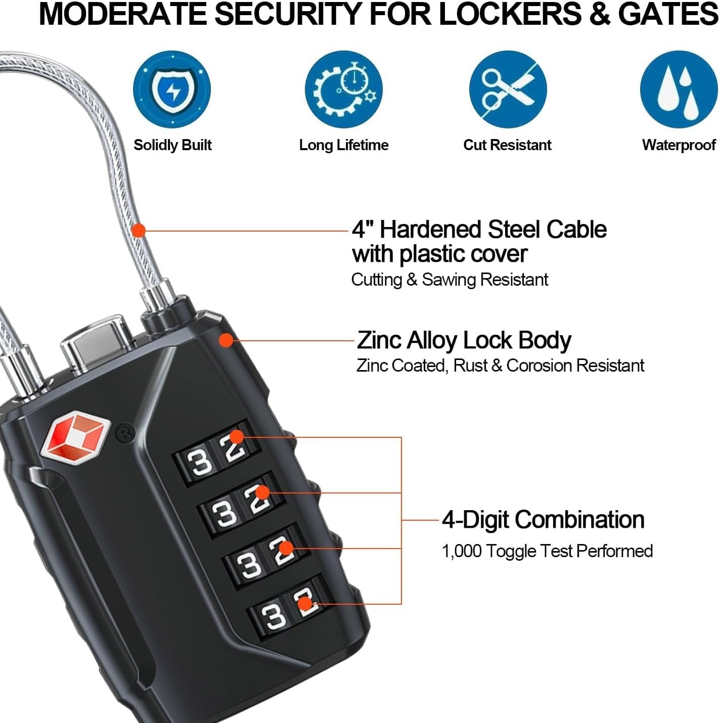 TSA Approved Luggage Locks,4-Digit Security Suitcase Locks,Combination Padlock for Suitcases Flexible Cable Travel Lock(Black+Black+Silver+Silver)