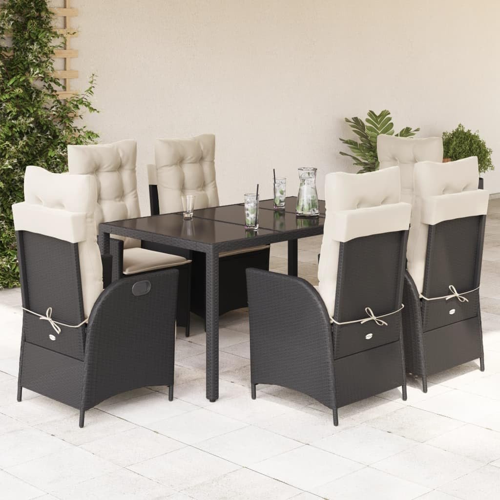 vidaxl 7 pc Garden Dining Set - Black Poly Rattan - Adjustable recliners & Cushions - Tempered Glass Table for Patio/Deck