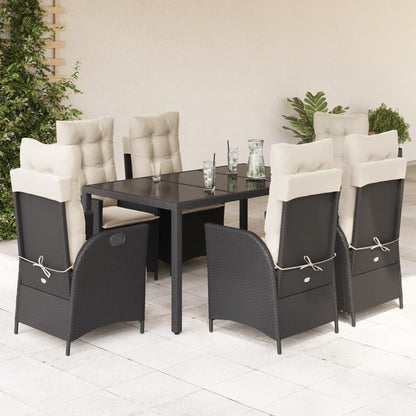 vidaxl 7 pc Garden Dining Set - Black Poly Rattan - Adjustable recliners & Cushions - Tempered Glass Table for Patio/Deck