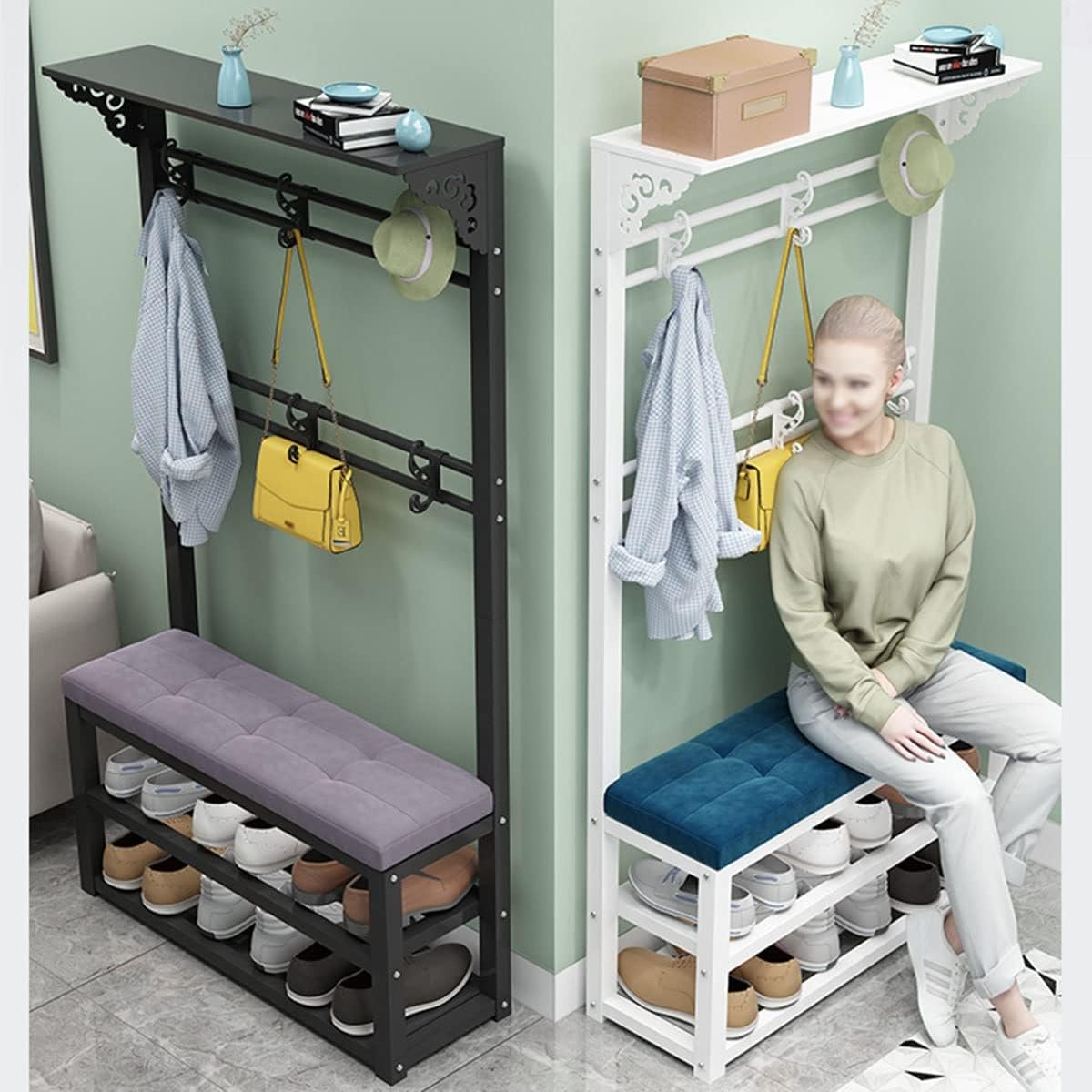 Appendiabiti in PU Nero con Seduta Imbottita, scarpiera a 2 Ripiani, Elegante Panca d'ingresso per Soggiorno o Camera da Letto, Mobile Funzionale da 100 cm