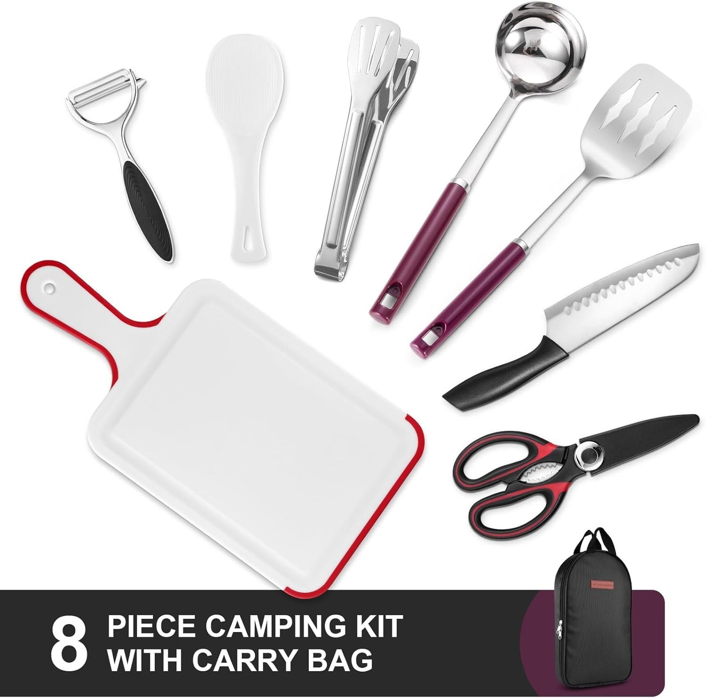 Odoland 8pcs Camping Kitchen Utensil Set, Cooking Utensil Organizer with Water Resistant Case for BBQ, Travel,Camping, Hiking, Cooking and Outdoor Activities