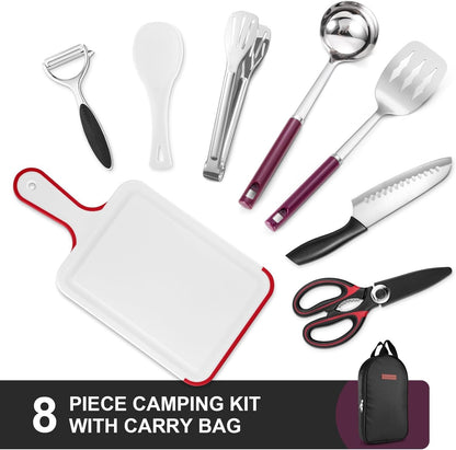 Odoland 8pcs Camping Kitchen Utensil Set, Cooking Utensil Organizer with Water Resistant Case for BBQ, Travel,Camping, Hiking, Cooking and Outdoor Activities