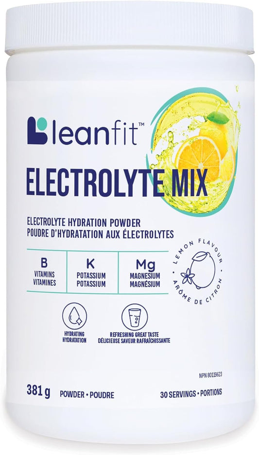 LEANFIT ELECTROLYTE MIX, Citrus Lemon, Electrolyte Hydration Powder Drink Mix, Non GMO, Vegan, Gluten-Free, 30 servings, 381g tub