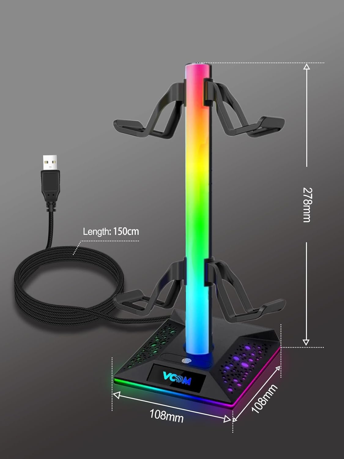 V RGB Gaming Headphones Stand with 2 USB Ports， Headset Stand with 10 Light Modes and Non-Slip Rubber, Suitable for All Earphone Accessories, Best Gift for Husband, Kids, Boyfriend