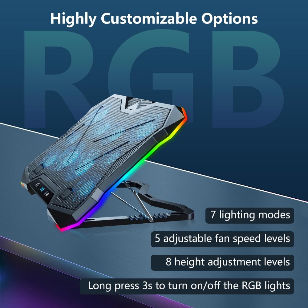 G-STORY Gaming Laptop Cooling Pad, RGB Lights Laptop Cooler with 10 Powerful Turbo Fans for 12-18 Inch Notebooks,8 Height Adjustable Stand and 1 USB Port