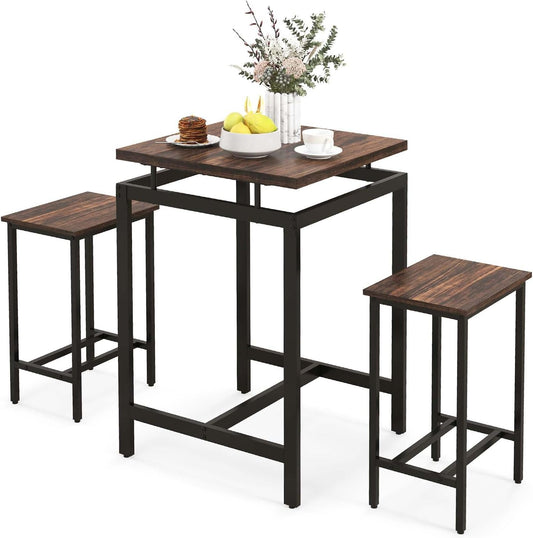 Costway 3 Pieces Bar Table Set, Square Counter Height Table with Stools, Floating Tabletop & Footrest, Industrial Pub Table Set for Small Space, Breakfast Nook, Kitchen, Rustic Brown