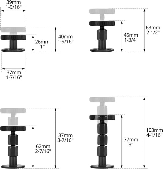 QWORK® 4 Pcs Threaded Bed Frame Anti-Vibration Tool Adjustable Range 27-105mm Bed Support for Beds, Desks, Sofas, Black