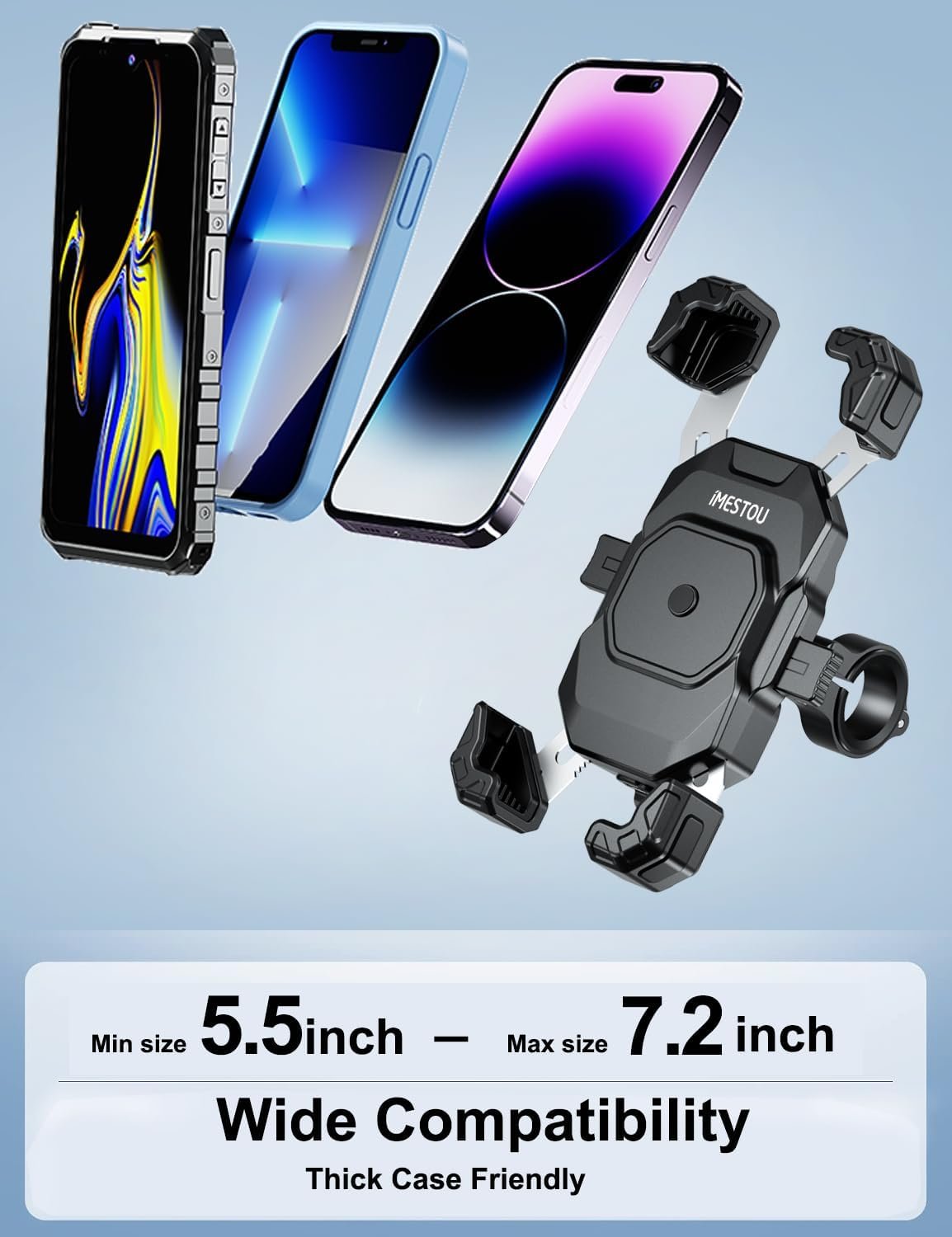 iMESTOU Motorcycle Wireless USB C Charger Phone Mount with Detachable SAE-O Ring Wire, Fits for 5.5"-7.2" Phones with Thickness Up to 15mm, Width ＜93mm, Works with 12-24V Motorcycles